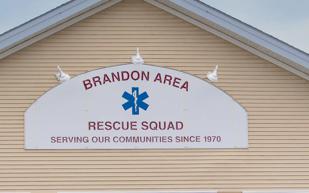 The sign on the Brandon Area Rescue Squad station, reading Brandon Area Rescue Squad — serving our communities since 1970.